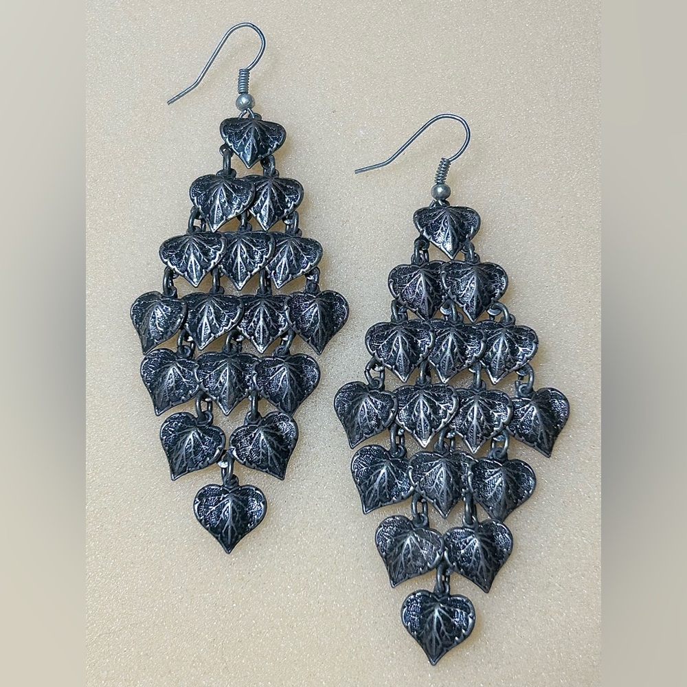 Large Layered Leaf Silver Tone Statement Earrings
